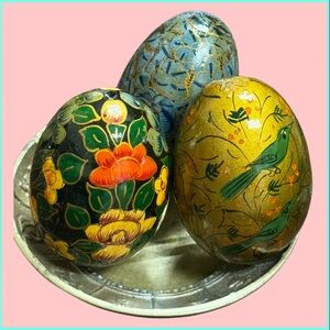 (3) Hand Painted Wooden Decorative Egg Set